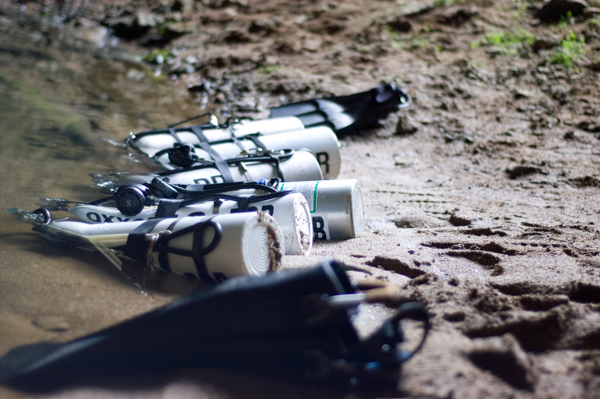 decompression stage cylinders ready before a cave dive