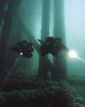 two properly weighted divers float between the legs of a pier